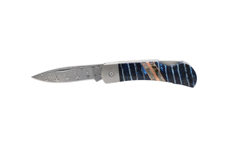 3" Lockback - Rain Drop Damascus - Fossilized Mammoth Molar "Blue" w/ Copper and Black Lip Mother of Pearl Strips