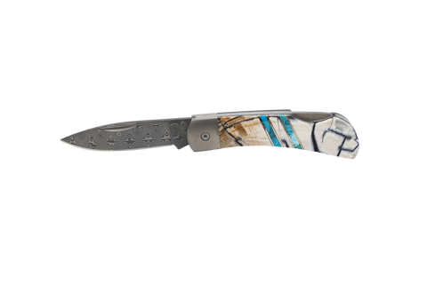 Titanium 3" Damascus Lock Back White Mammoth Tusk with Turquoise