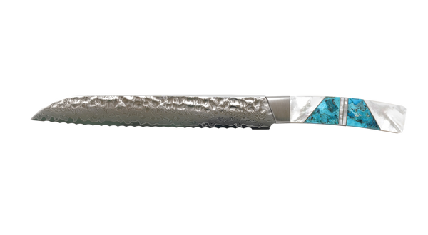 NEW Hammered Damascus Bread Knife and Mother of Pearl with Turquoise