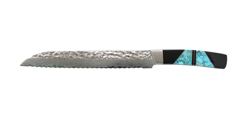 NEW Hammered Damascus Bread Knife with Turquoise, Silver and Jet