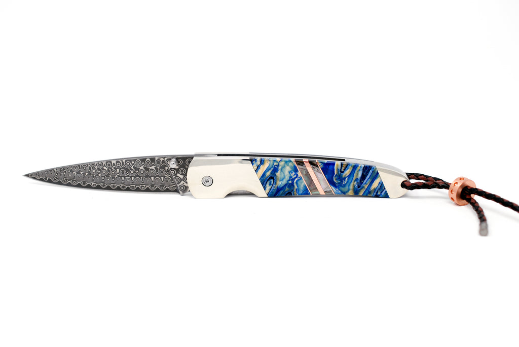 4" Liner Lock - Rain Drop Damascus - Fossilized Mammoth Molar "Blue" w/Copper and Black Lip Mother of Pearl Strips