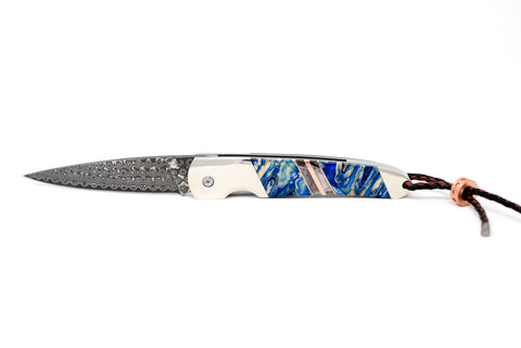 4" Liner Lock - Rain Drop Damascus - Fossilized Mammoth Molar "Blue" w/Copper and Black Lip Mother of Pearl Strips