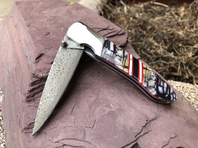 Damascus - Mammoth and Red G-10 4" with clip