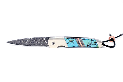 4" Liner Lock - Rain Drop Damascus - Kingman Blue/Green with Black Matrix w/Copper and Black Lip and Mother of Pearl Strips