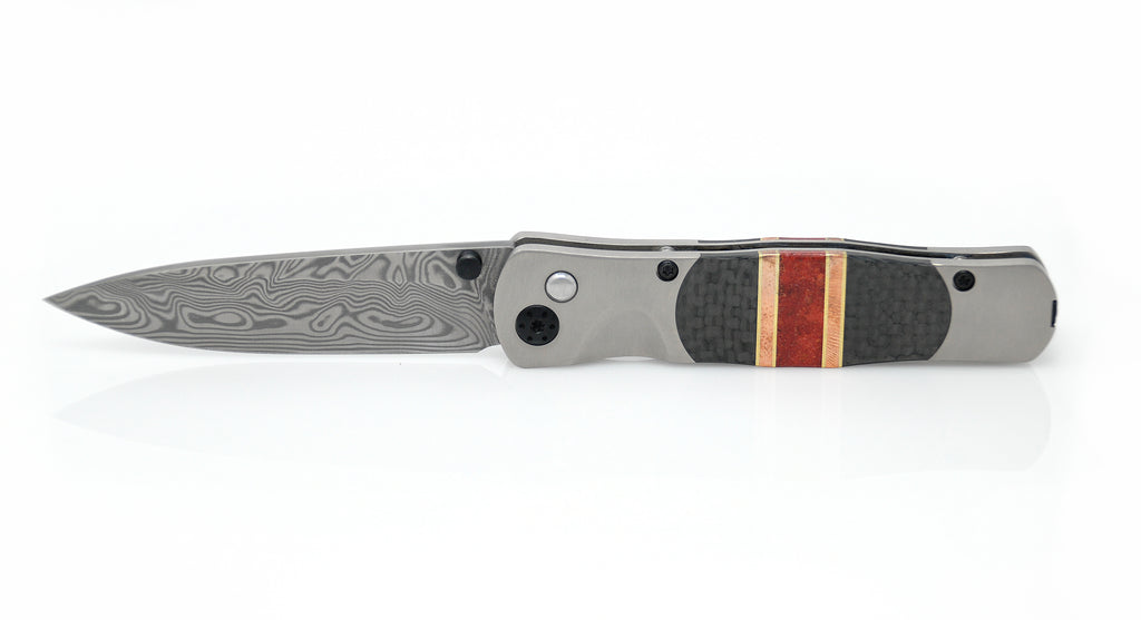 Tesoro Button Lock - Carbon Fiber Twill 3k w/ red coral and copper / brass strips “inlay both sides”