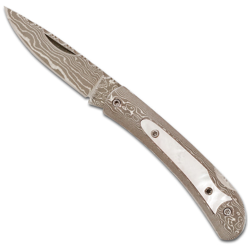 Damascus Steel Frame Pocket Knife with Mother of Pearl Inlay