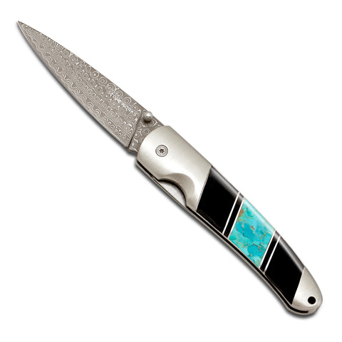 5 Knife set with a Light Emprador Marble Handle, Swiss Blue Cubic Zirconia  Stone at the Back of the Knife and Turquoise and Brass Decorative Rings :  Craftstone Knives
