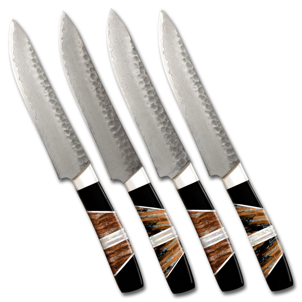 Hammered Damascus Fossilized Mammoth Tooth Steak Knives (set of four)