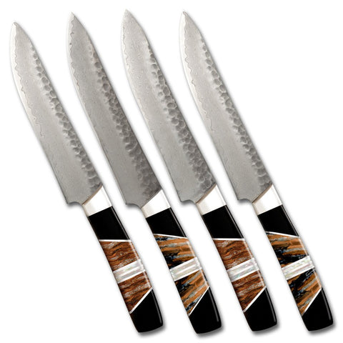 Hammered Damascus Steak knife set with Mammoth Tooth Features