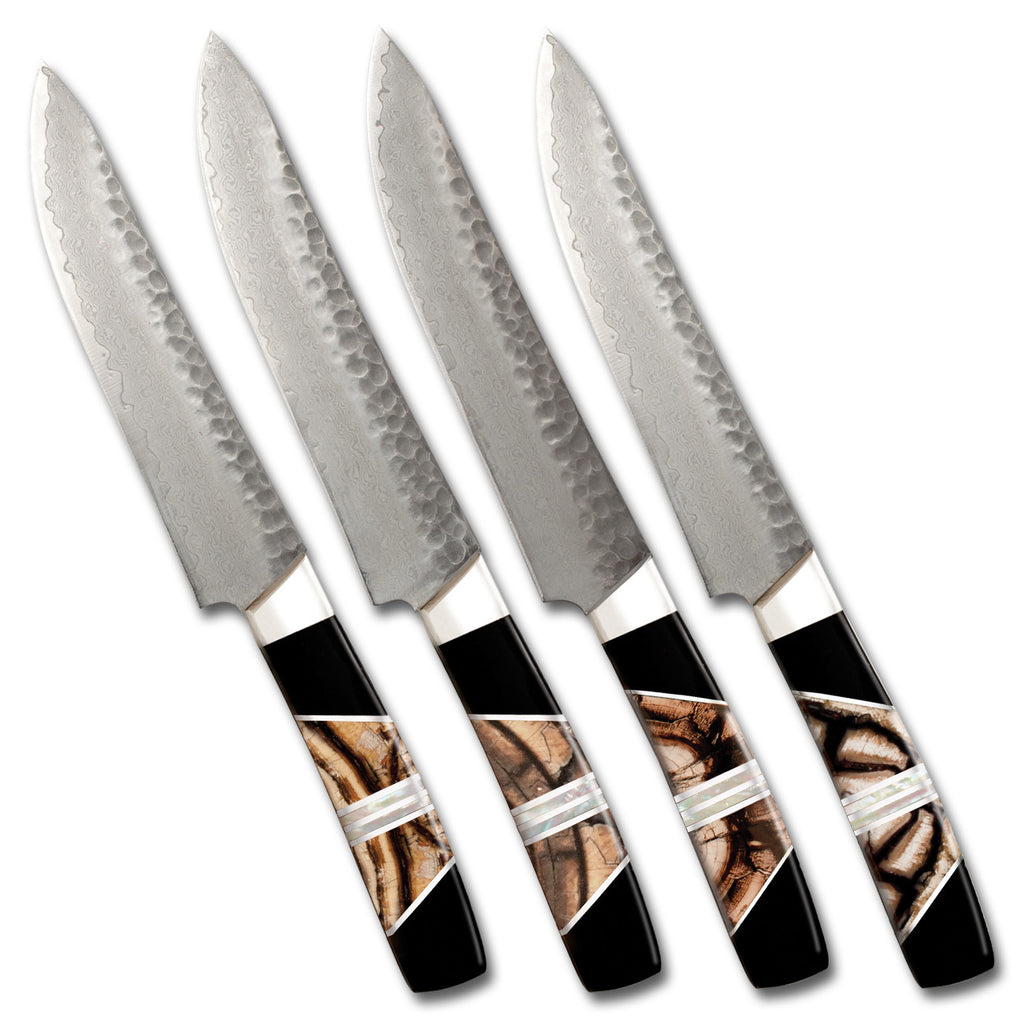 Hammered Damascus Fossilized Mammoth Tusk Steak Knives (set of four)